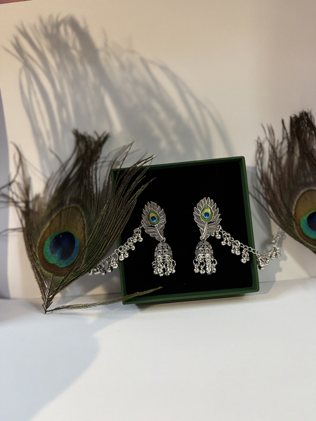 Peacock Chandbali Oxidized Silver Jhumka Earrings – Kridha