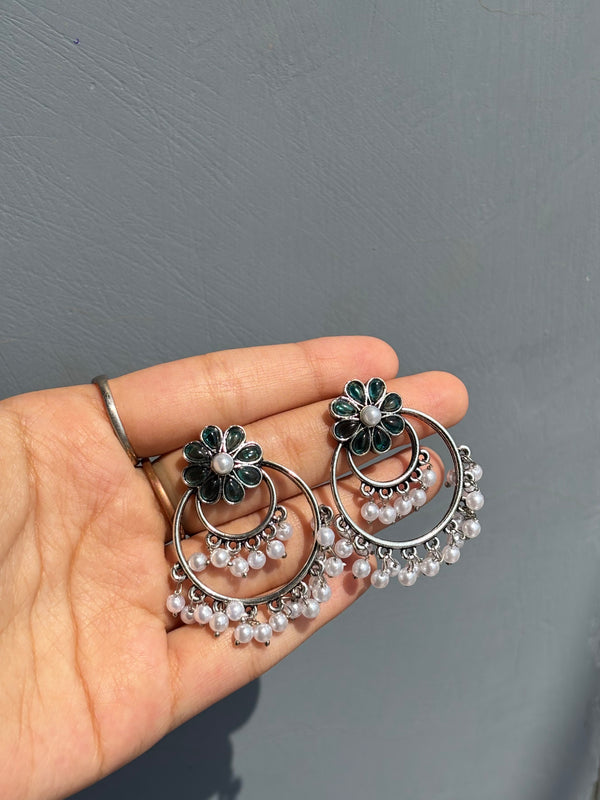 Ruhani Phool Pearl Oxidized Jhumka Earrings