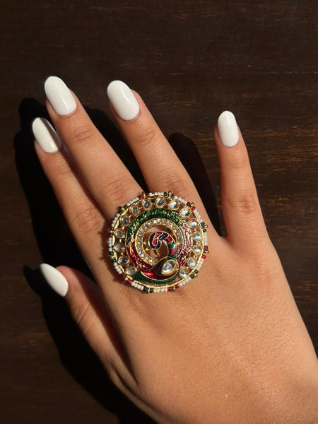 Rajputi Peacock Kundan Statement Ring