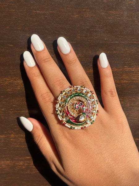 Rajputi Peacock Kundan Statement Ring