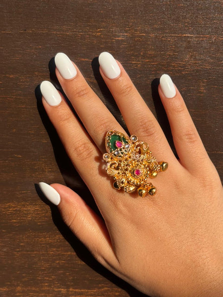 Rajputi Green Kundan Ghungroo Statement Ring