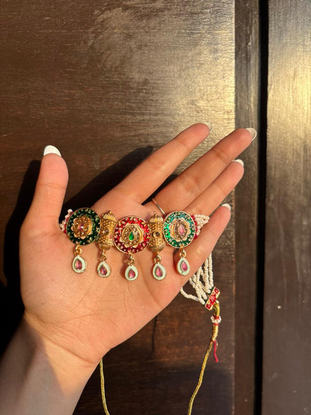 Rajputi Meenakari Pearl Choker Necklace & Earrings Set