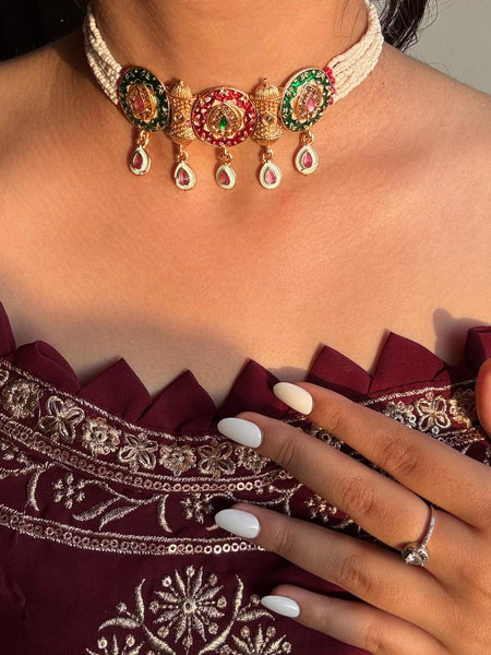 Rajputi Meenakari Pearl Choker Necklace & Earrings Set