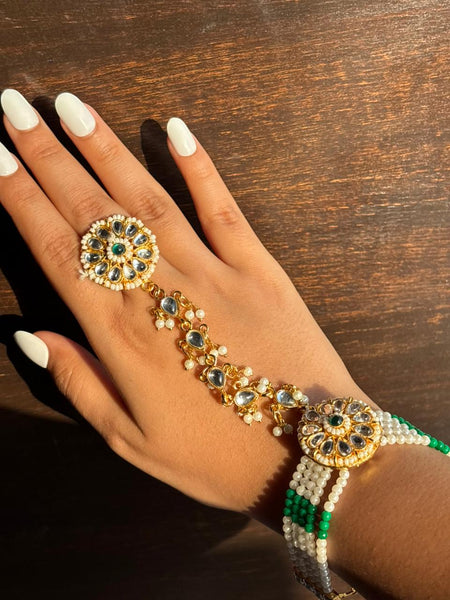 Rajputi Kundan Hathphool with Pearl & Green Beads