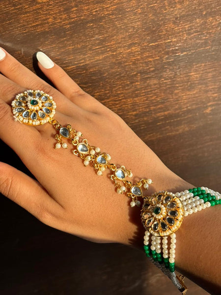 Rajputi Kundan Hathphool with Pearl & Green Beads