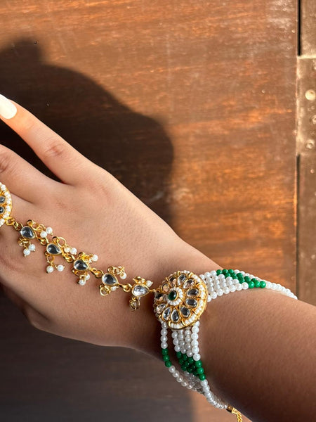Rajputi Kundan Hathphool with Pearl & Green Beads