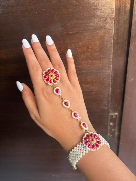 Rajputi Ruby Floral Hathphool with Pearl Bracelet