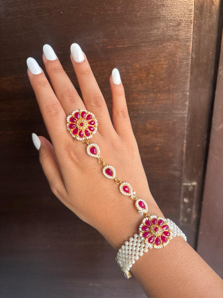 Rajputi Ruby Floral Hathphool with Pearl Bracelet